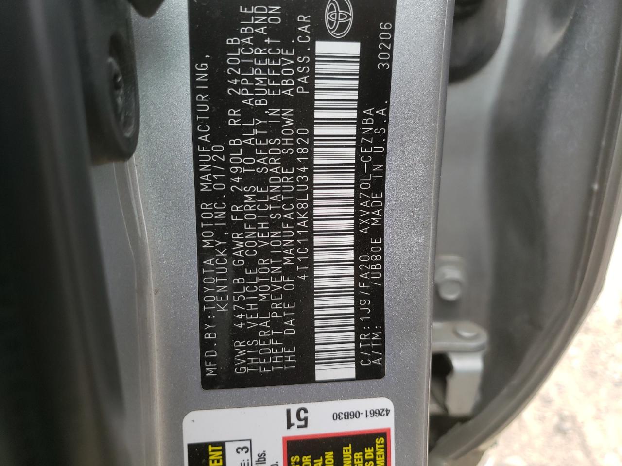 4T1C11AK8LU341820 2020 Toyota Camry Le