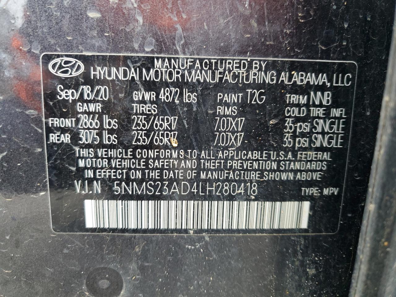 5NMS23AD4LH280418 2020 Hyundai Santa Fe Se