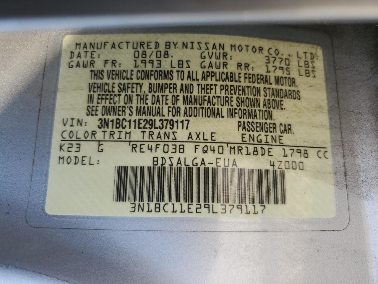 3N1BC11E29L379117 2009 Nissan Versa S