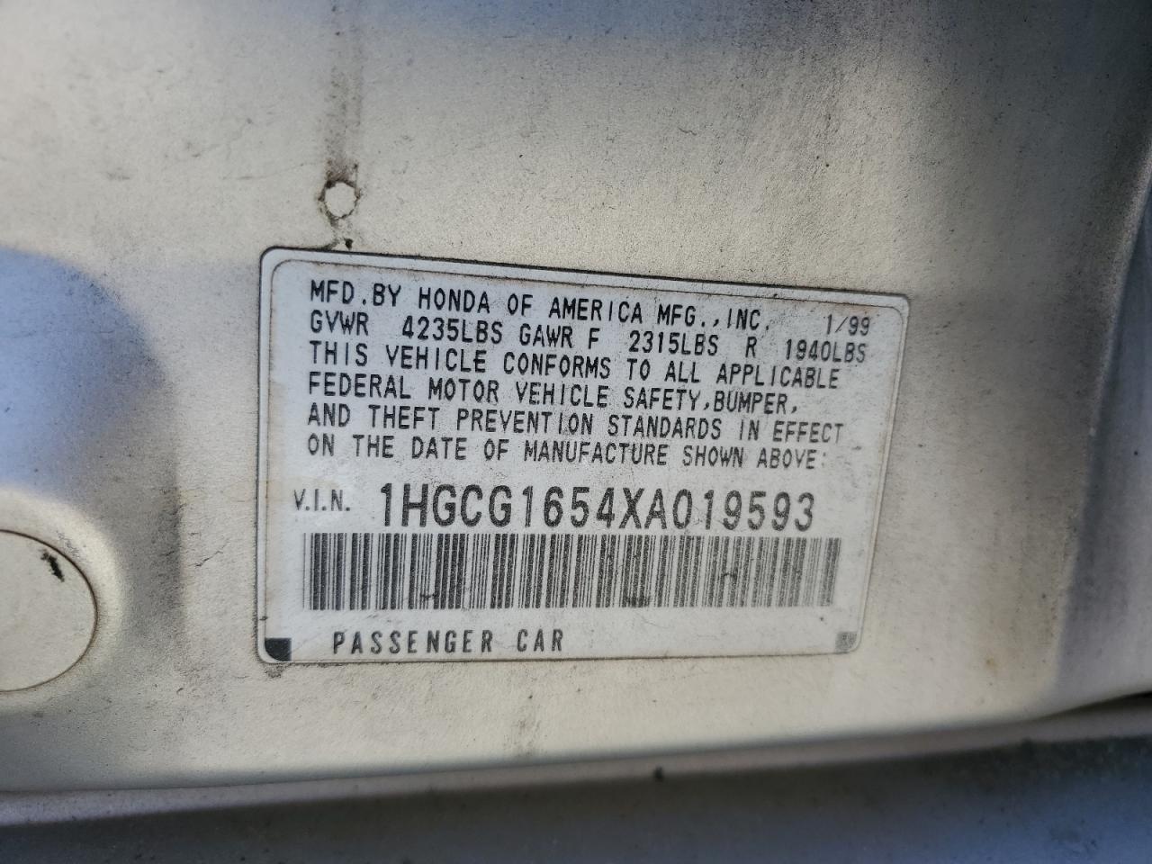 1HGCG1654XA019593 1999 Honda Accord Ex