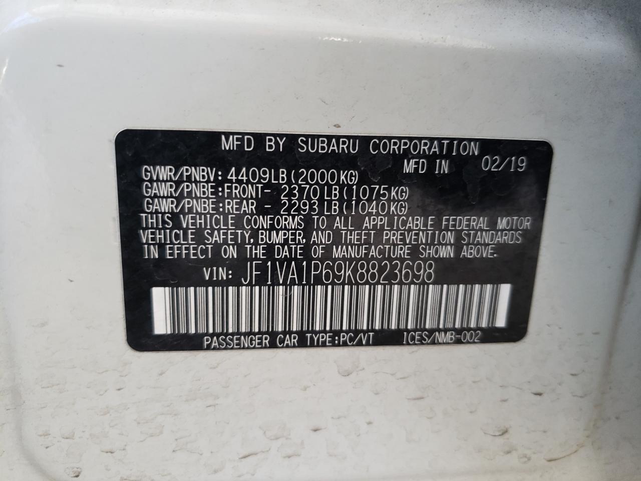 JF1VA1P69K8823698 2019 Subaru Wrx Limited