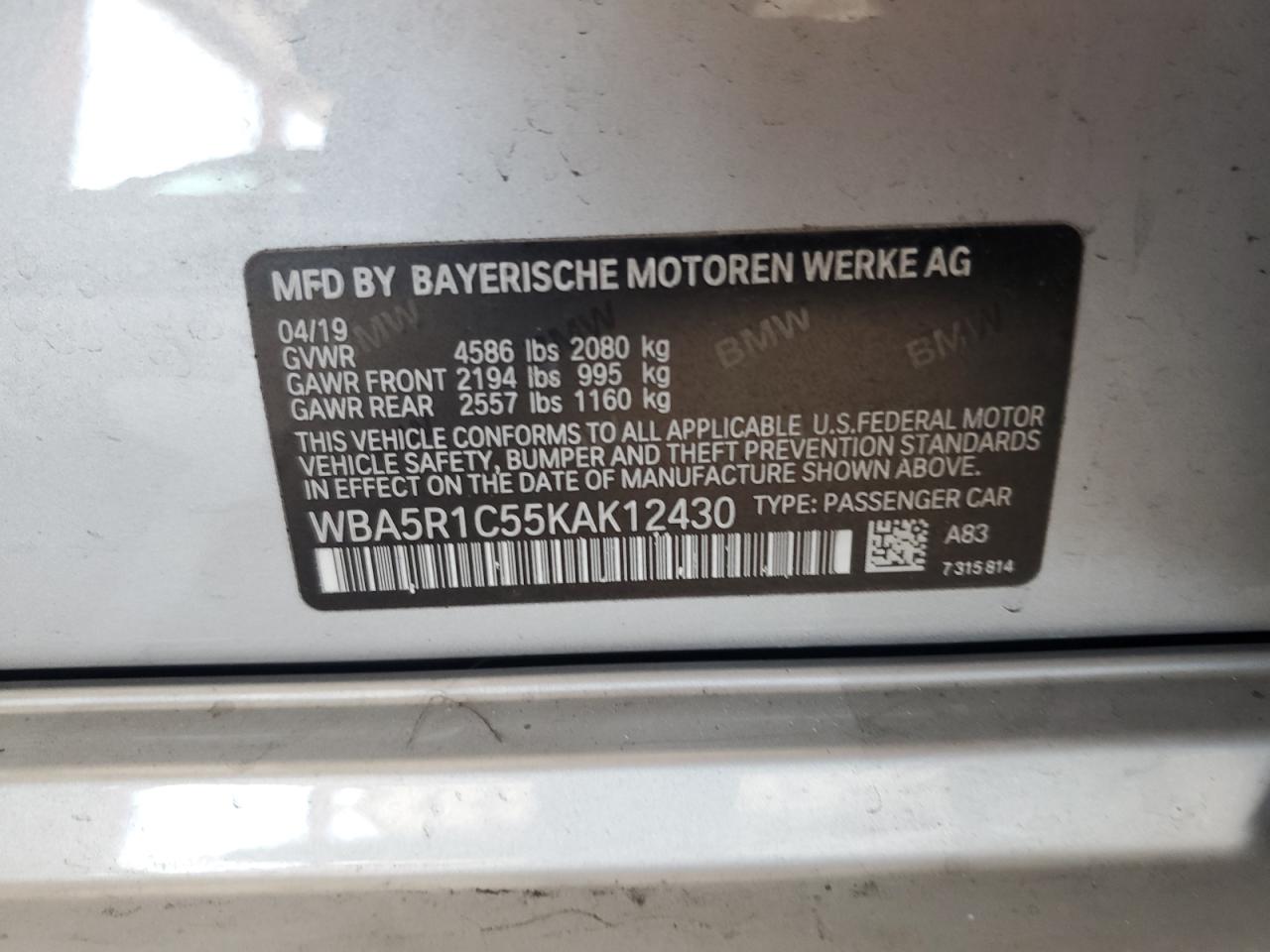 WBA5R1C55KAK12430 2019 BMW 330I