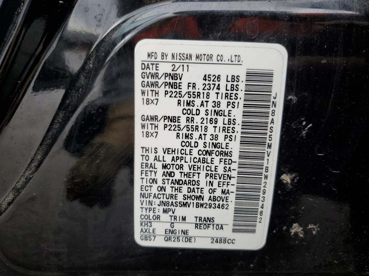 JN8AS5MV1BW293462 2011 Nissan Rogue S