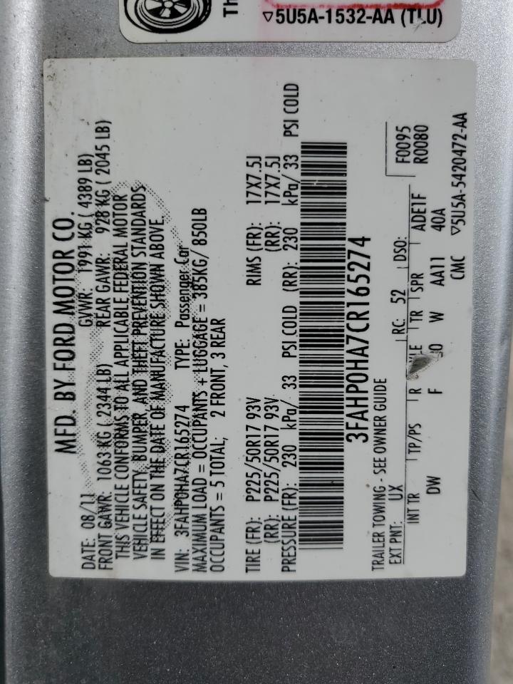 3FAHP0HA7CR165274 2012 Ford Fusion Se