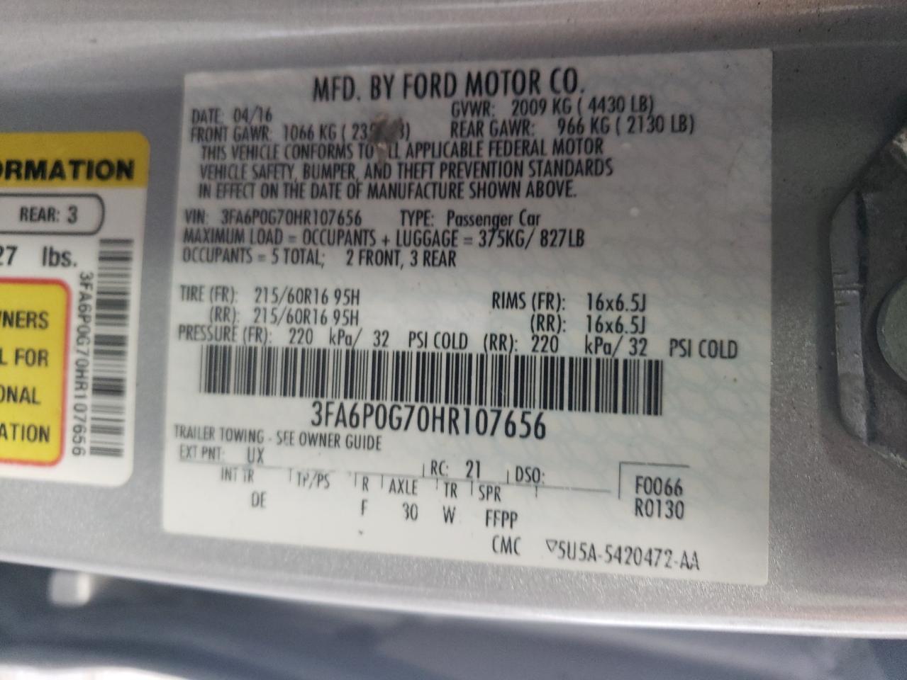 3FA6P0G70HR107656 2017 Ford Fusion S