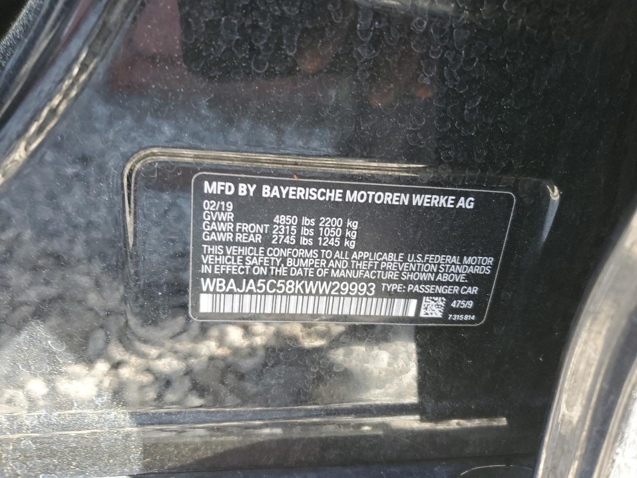 WBAJA5C58KWW29993 2019 BMW 530 I