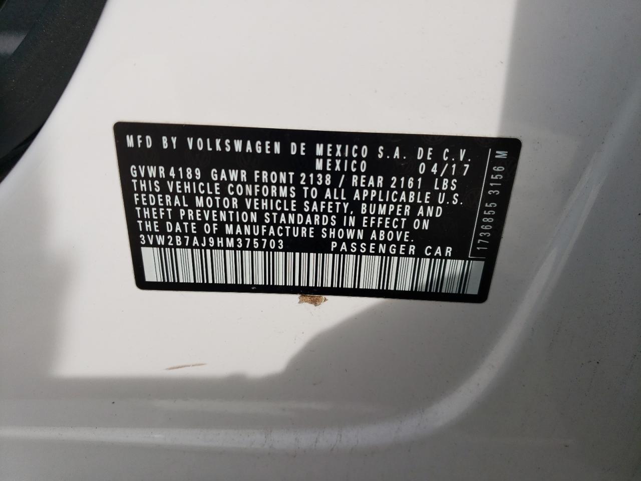 3vw2b7aj9hm375703 3VW2B7AJ9HM375703 2017 Volkswagen Jetta S