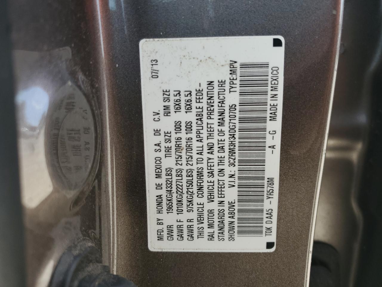 3CZRM3H34DG710705 2013 Honda Cr-V Lx