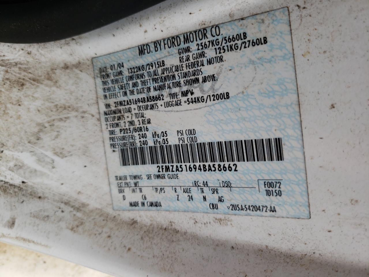 2FMZA51694BA58662 2004 Ford Freestar Se