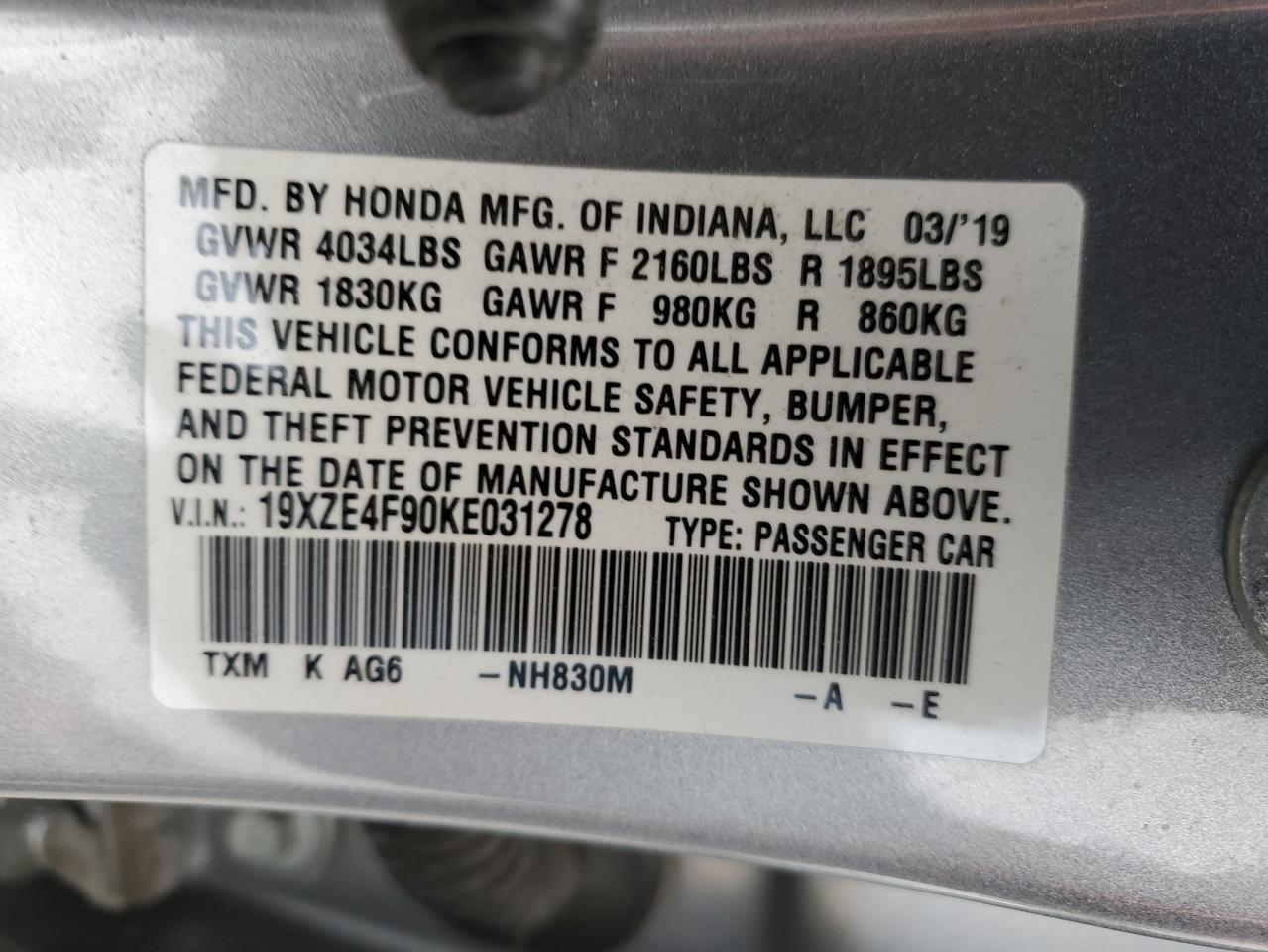 19XZE4F90KE031278 2019 Honda Insight Touring