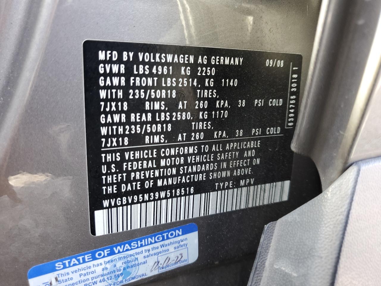 WVGBV95N39W518516 2009 Volkswagen Tiguan Se