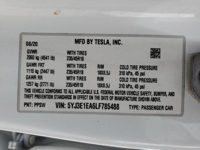 2020 Tesla Model 3 VIN: 5YJ3E1EA6LF785488 Lot: 52809824