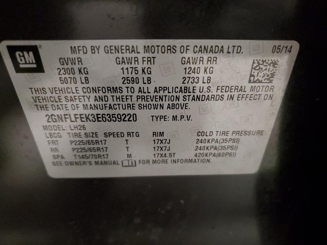 2GNFLFEK3E6359220 2014 Chevrolet Equinox Lt