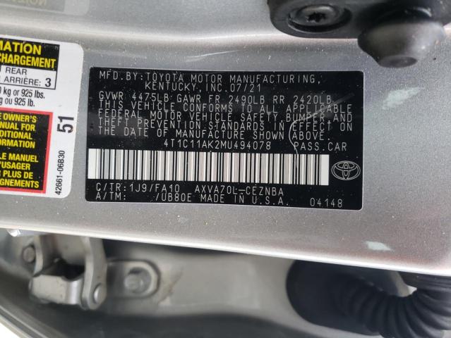 VIN 4T1C11AK2MU494078 2021 Toyota Camry, LE no.12