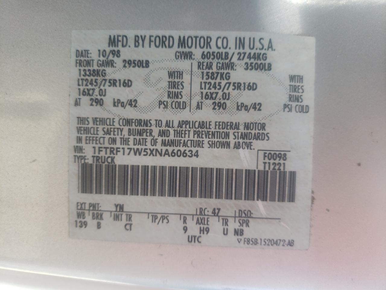 1FTRF17W5XNA60634 1999 Ford F150