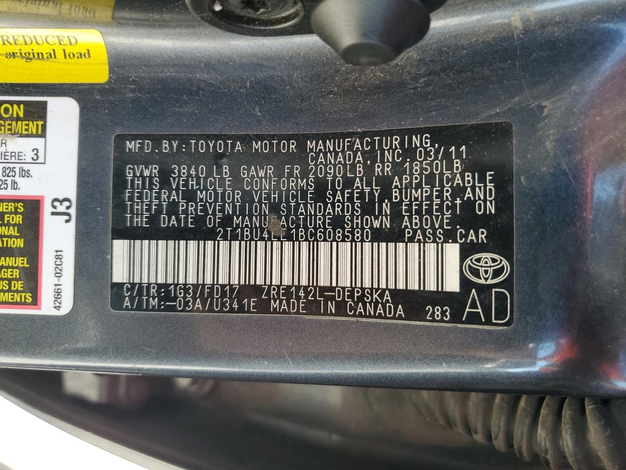 2T1BU4EE1BC608580 2011 Toyota Corolla Base