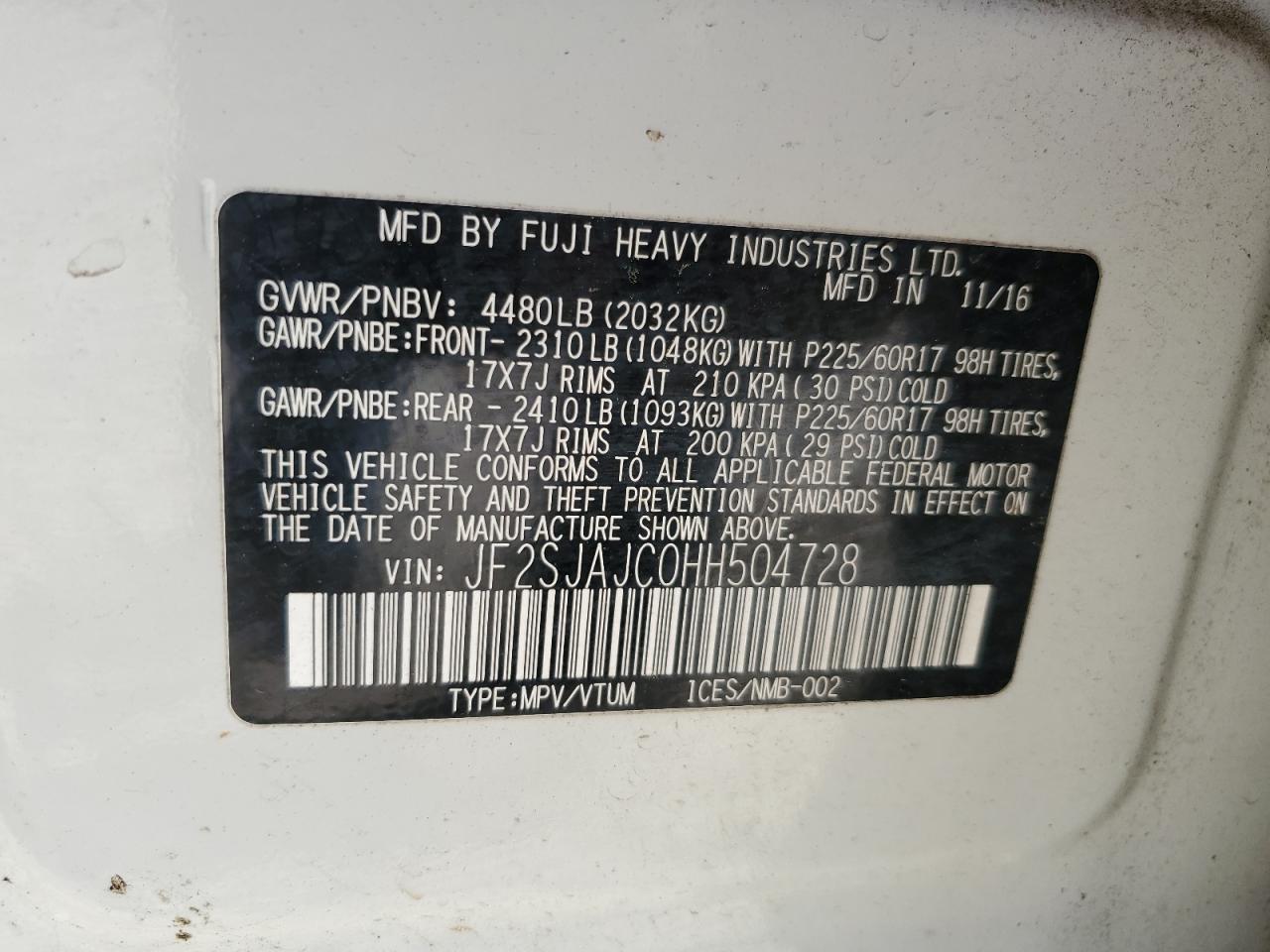 JF2SJAJC0HH504728 2017 Subaru Forester 2.5I Limited