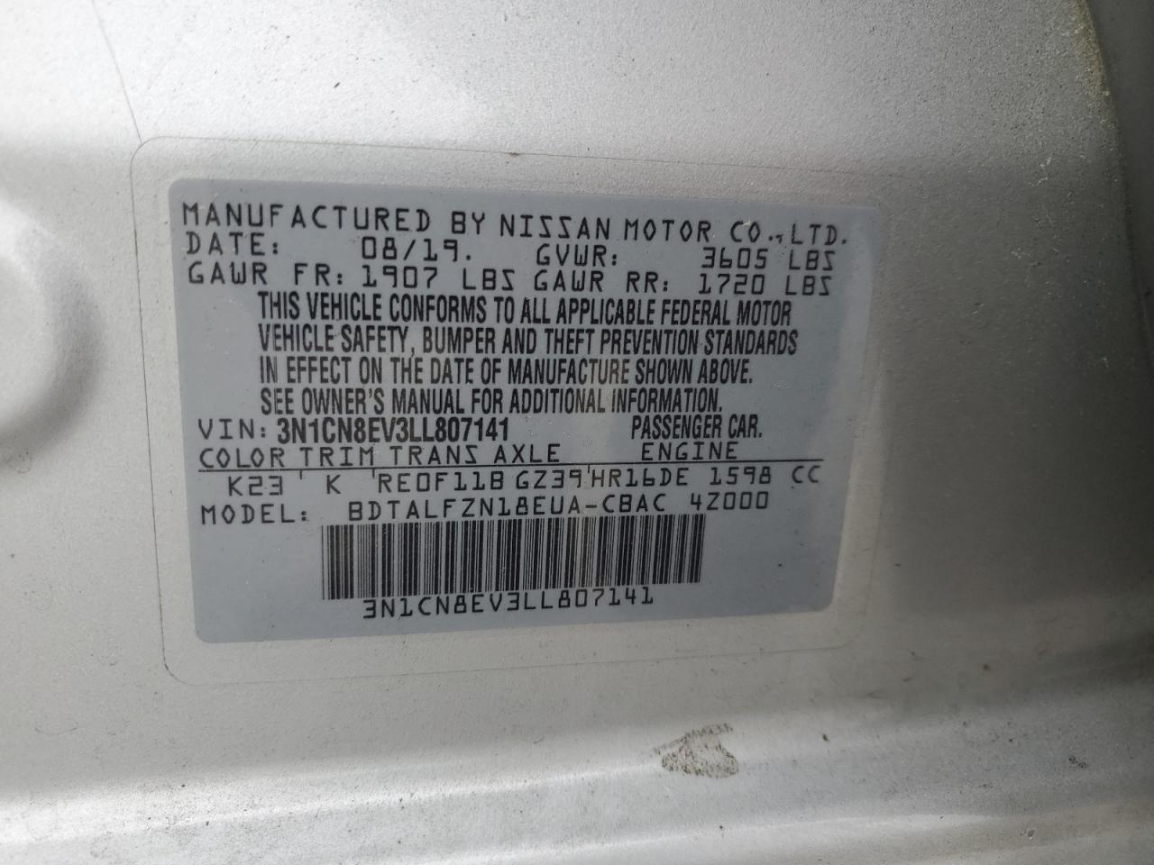 3N1CN8EV3LL807141 2020 Nissan Versa Sv