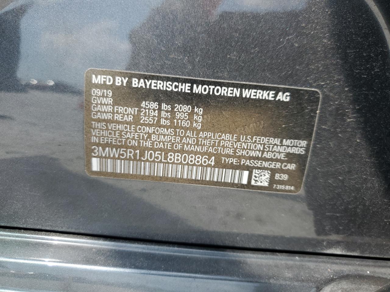 3MW5R1J05L8B08864 2020 BMW 330I