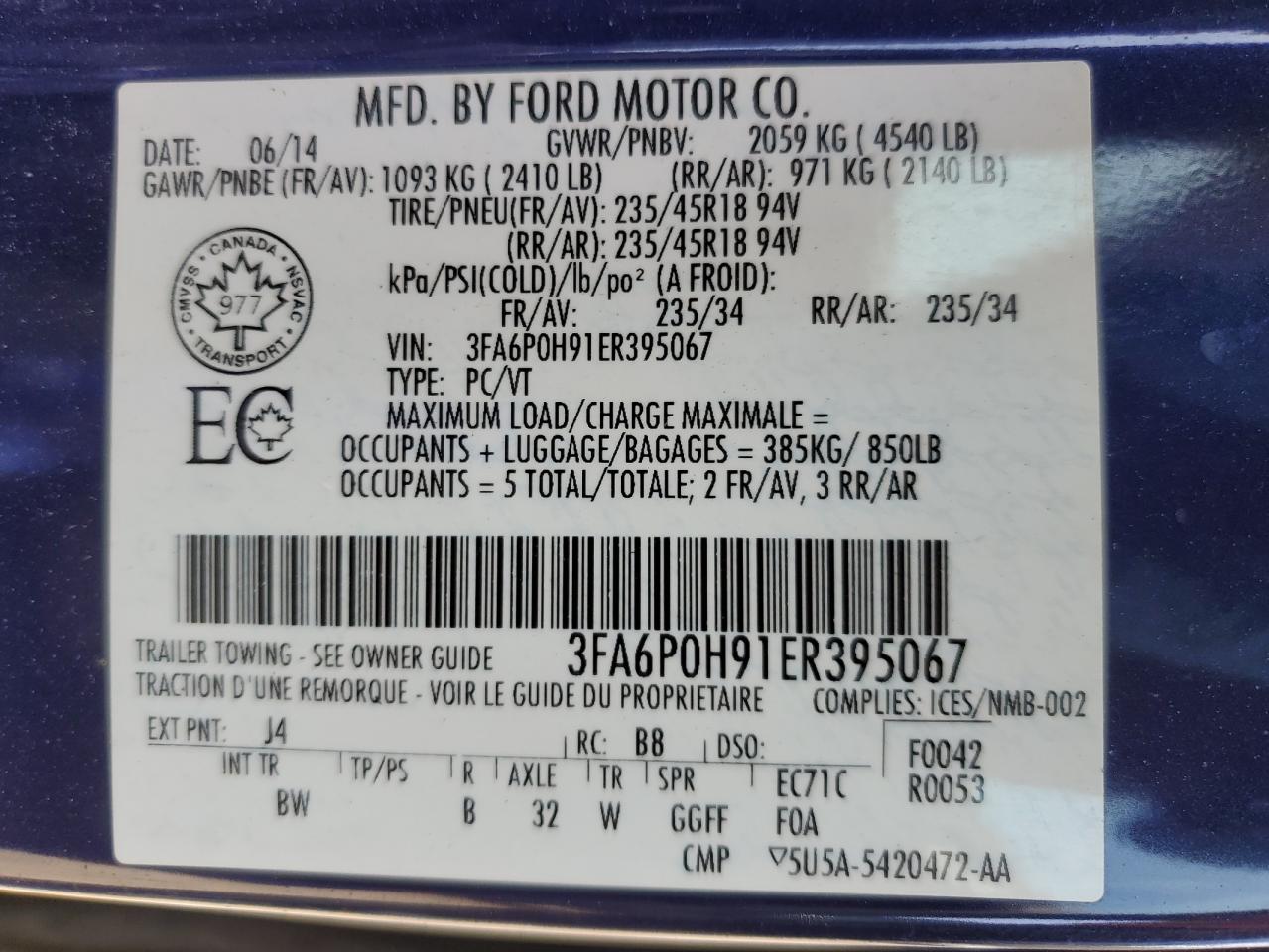 3FA6P0H91ER395067 2014 Ford Fusion Se