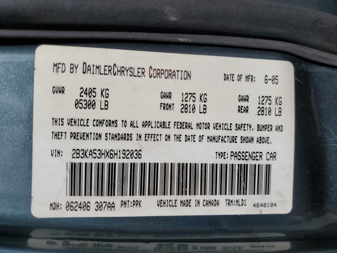 2B3KA53HX6H192036 2006 Dodge Charger R/T