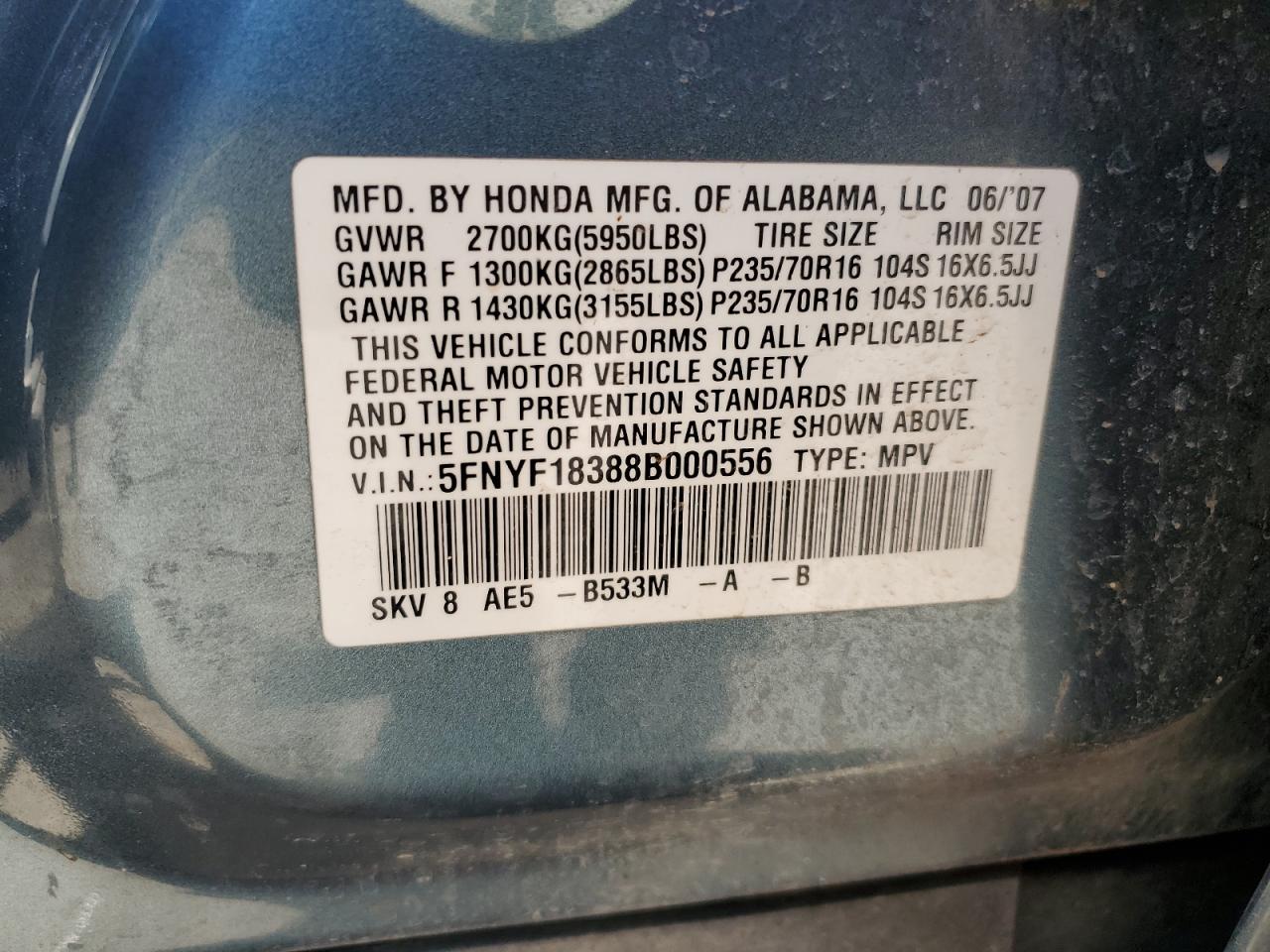 5FNYF18388B000556 2008 Honda Pilot Se
