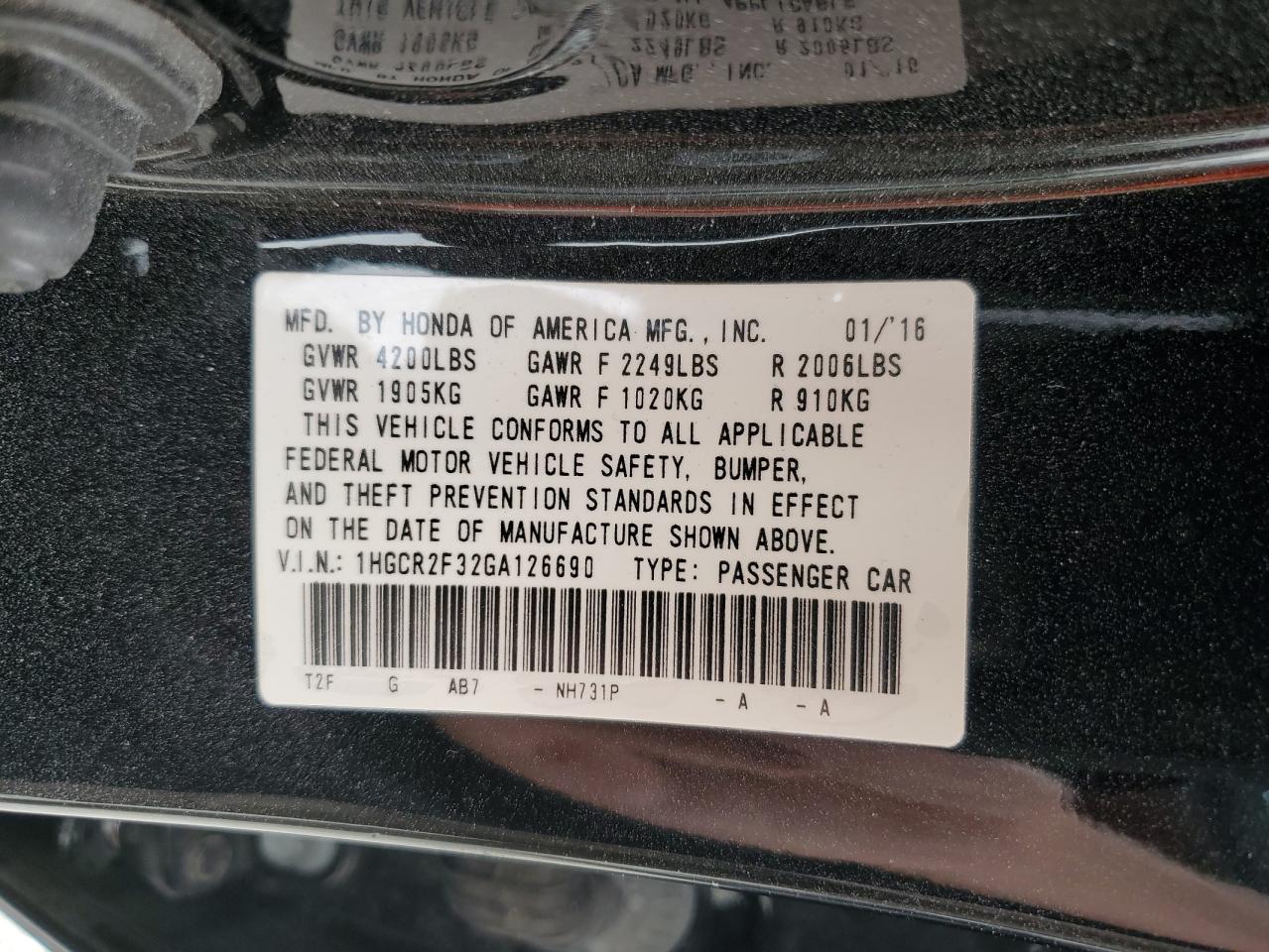 1HGCR2F32GA126690 2016 Honda Accord Lx