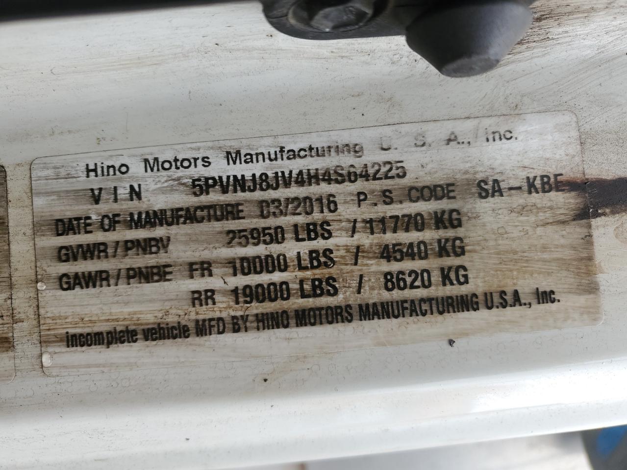 5PVNJ8JV4H4S64225 HINO ALL MODELS 2017