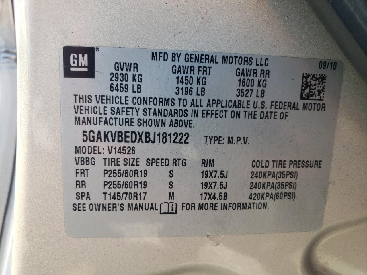 5GAKVBEDXBJ181222 2011 Buick Enclave Cxl