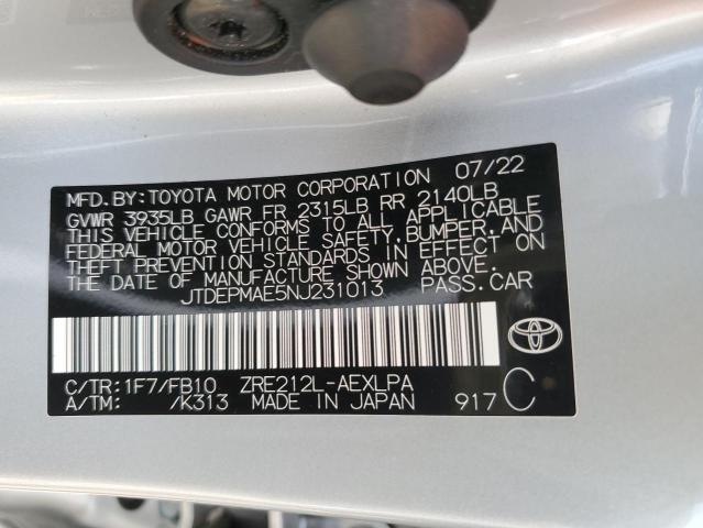 2022 Toyota Corolla Le VIN: JTDEPMAE5NJ231013 Lot: 50936404