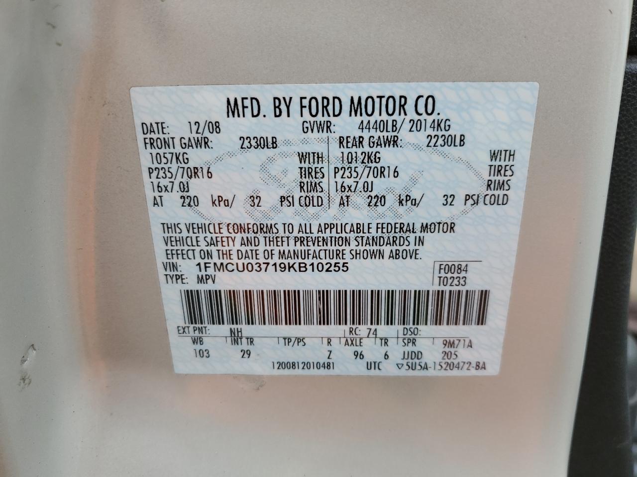 1FMCU03719KB10255 2009 Ford Escape Xlt