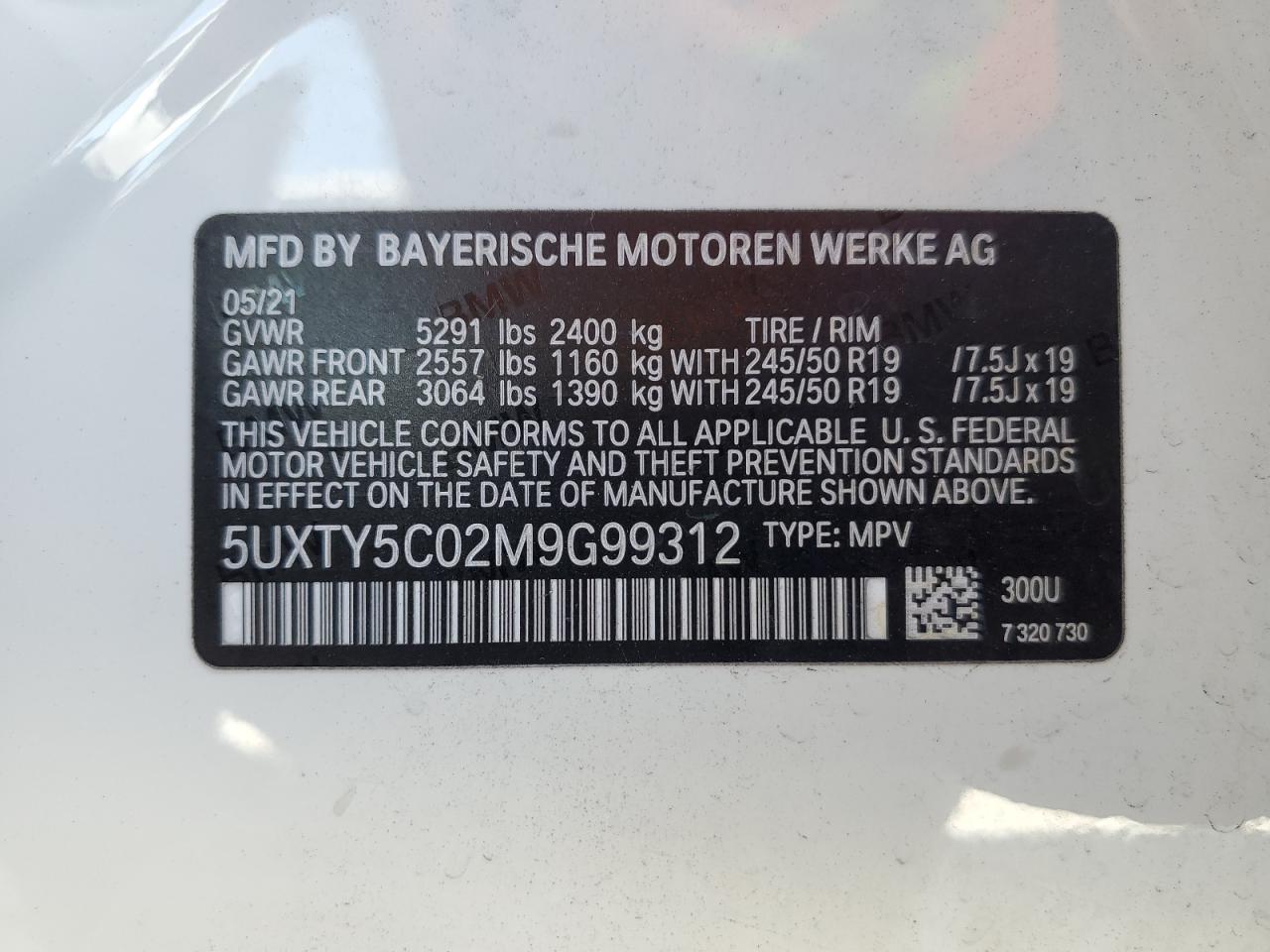 5UXTY5C02M9G99312 2021 BMW X3 xDrive30I