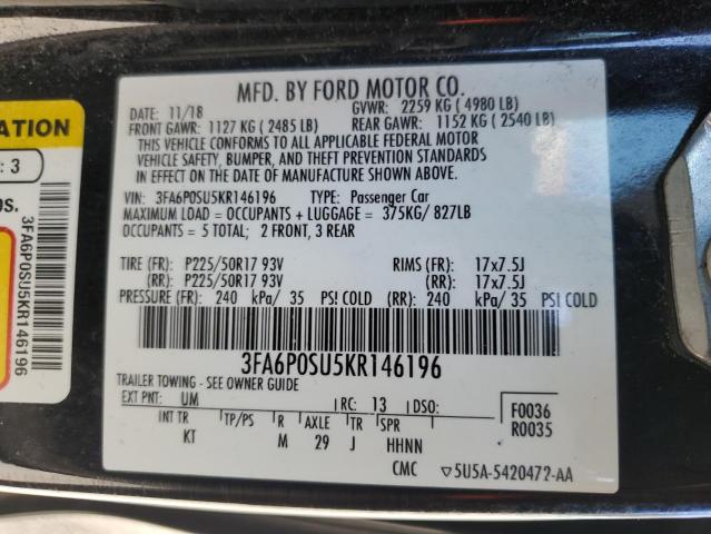 2019 Ford Fusion Titanium VIN: 3FA6P0SU5KR146196 Lot: 52757304