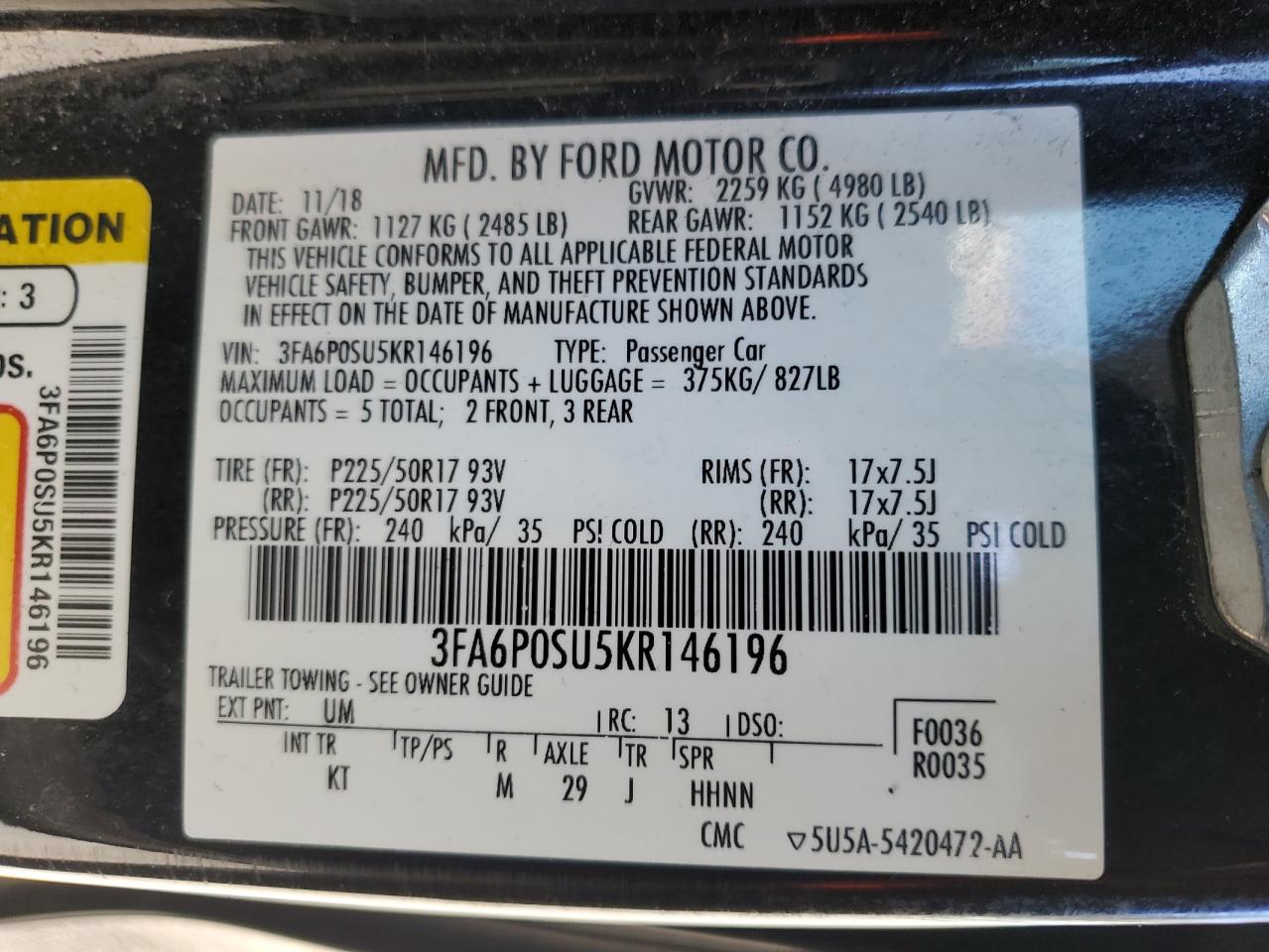 3FA6P0SU5KR146196 2019 Ford Fusion Titanium