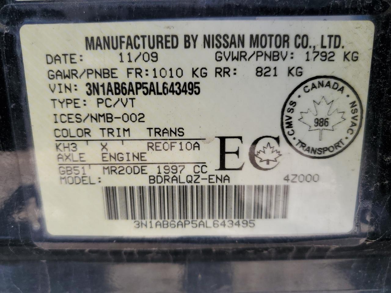 3N1AB6AP5AL643495 2010 Nissan Sentra 2.0