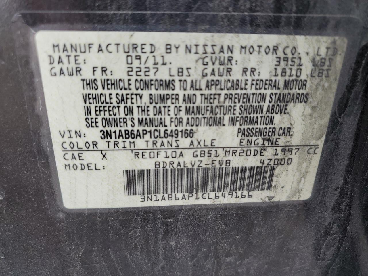 3N1AB6AP1CL649166 2012 Nissan Sentra 2.0