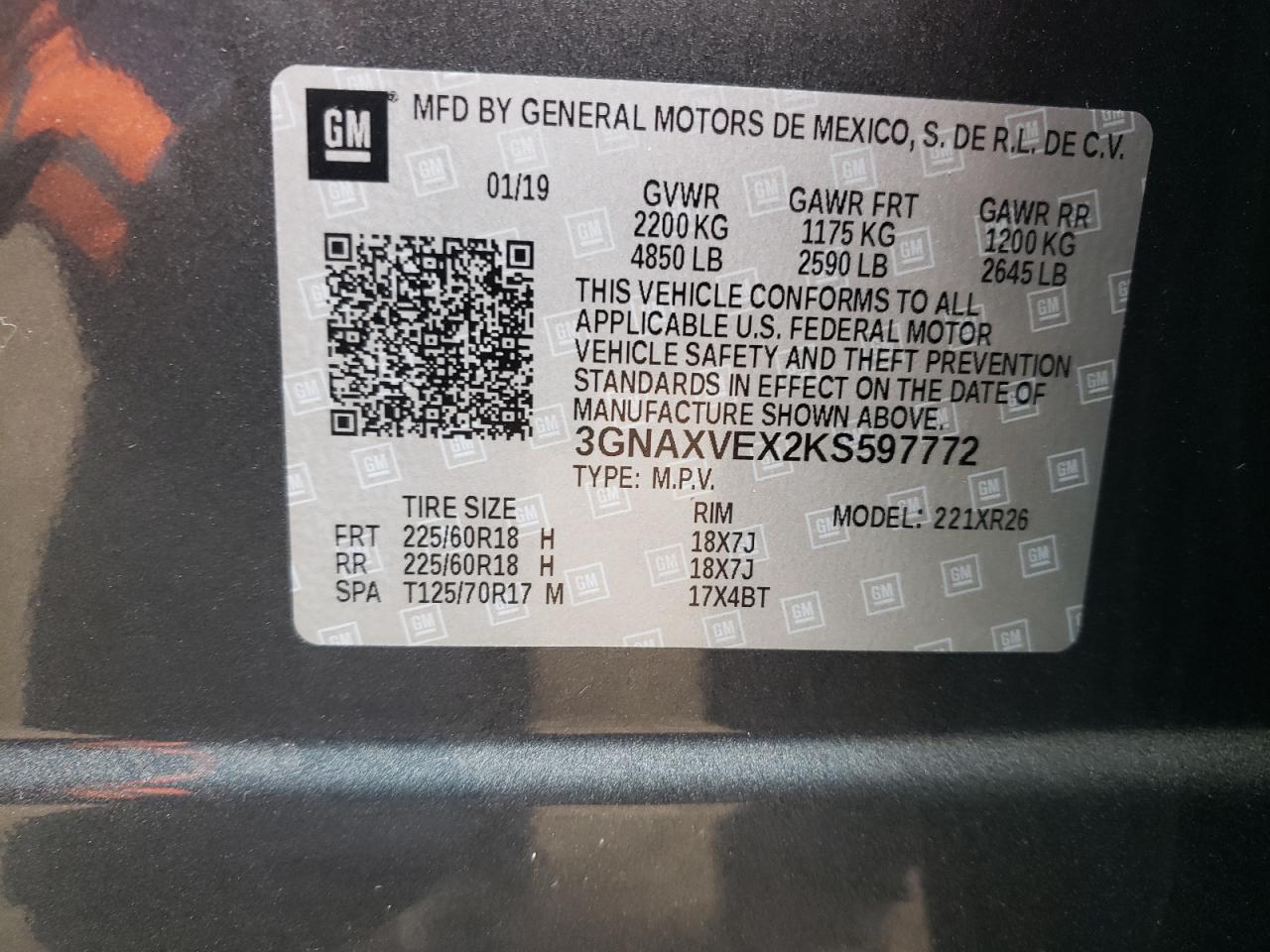 3GNAXVEX2KS597772 2019 Chevrolet Equinox Lt