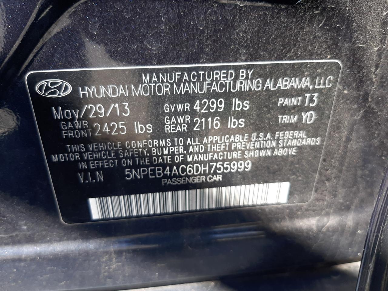 5NPEB4AC6DH755999 2013 Hyundai Sonata Gls