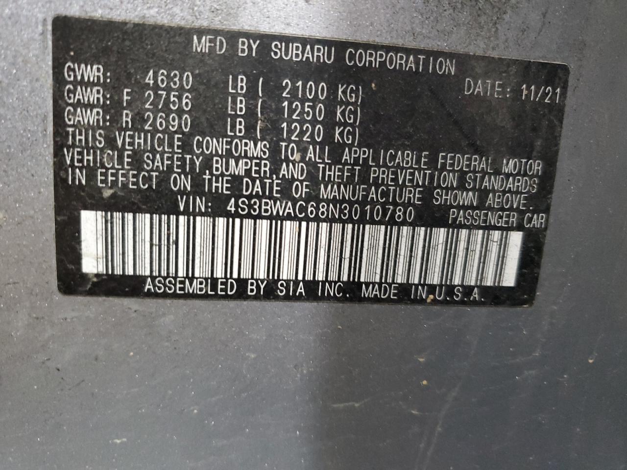 4S3BWAC68N3010780 2022 Subaru Legacy Premium