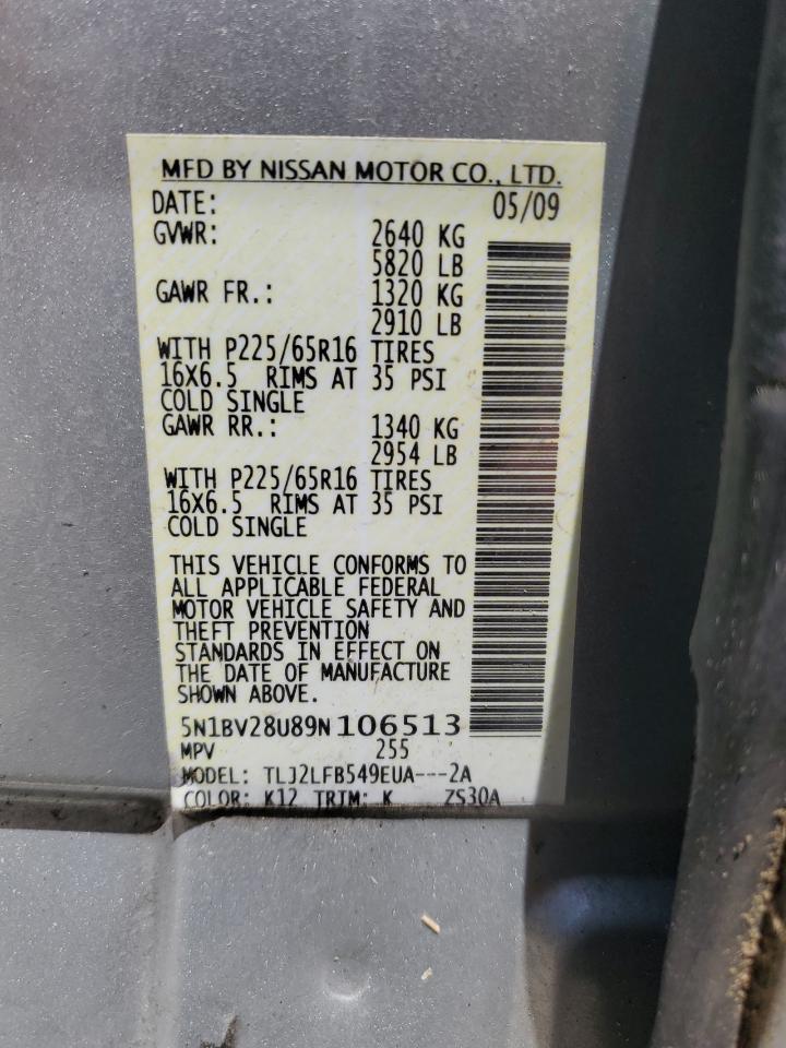 5N1BV28U89N106513 2009 Nissan Quest S