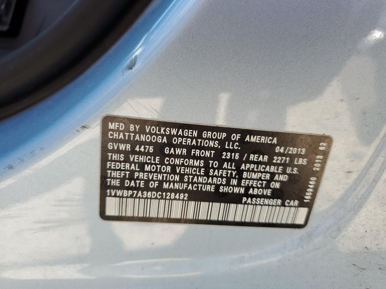 1VWBP7A36DC128492 2013 Volkswagen Passat Se