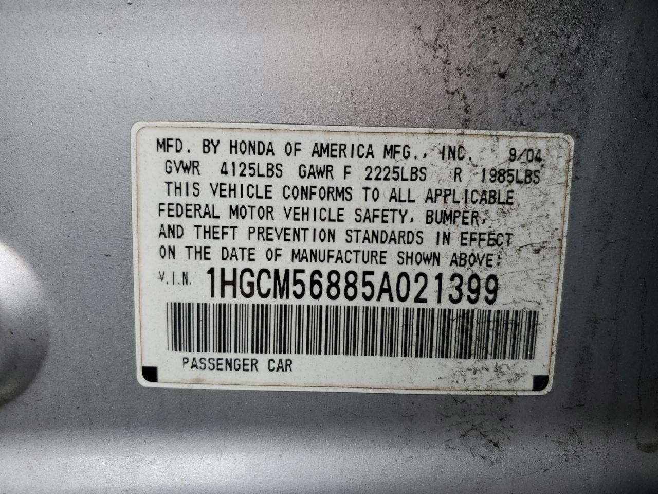 1HGCM56885A021399 2005 Honda Accord Ex