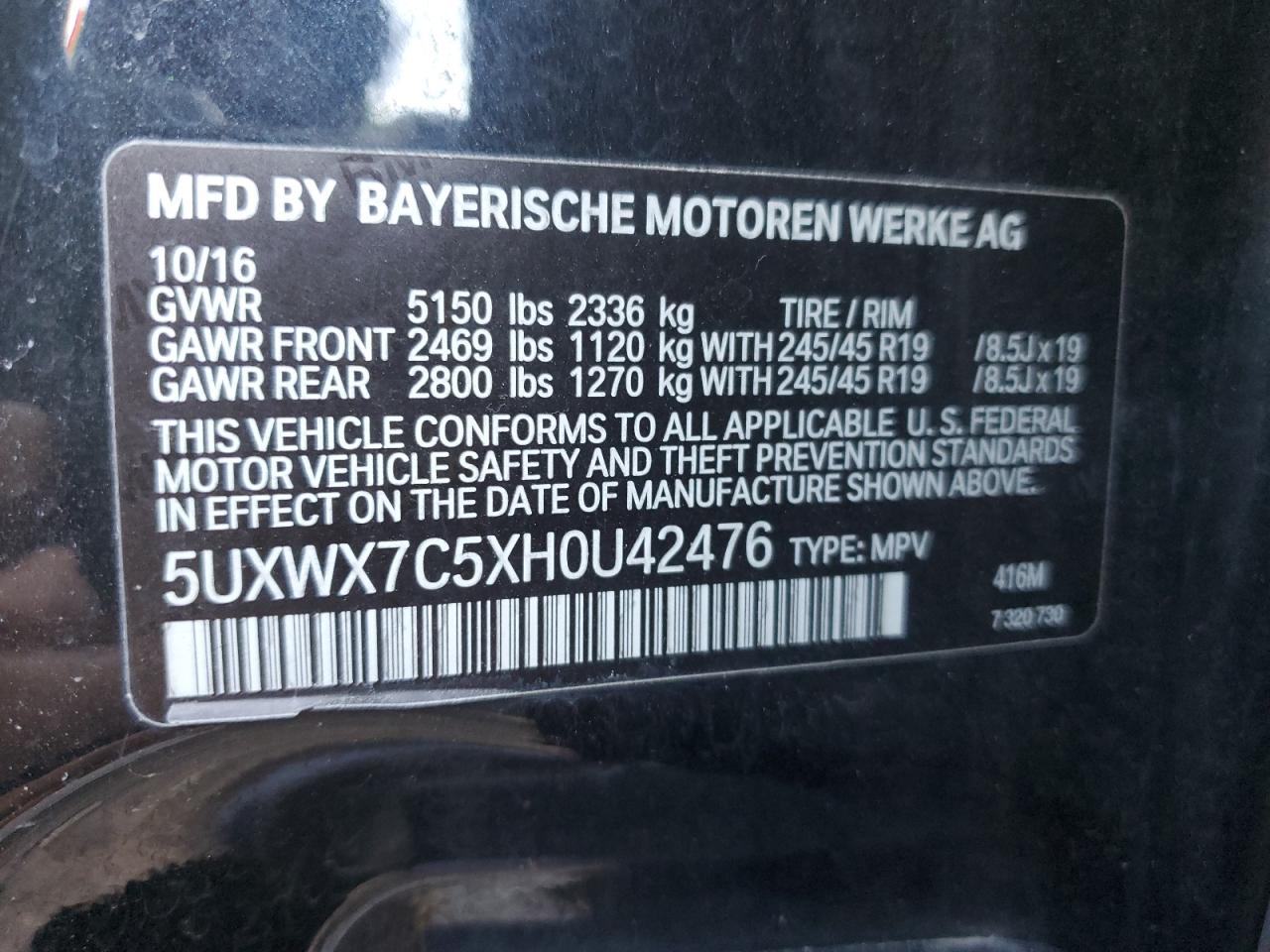 5UXWX7C5XH0U42476 2017 BMW X3 xDrive35I