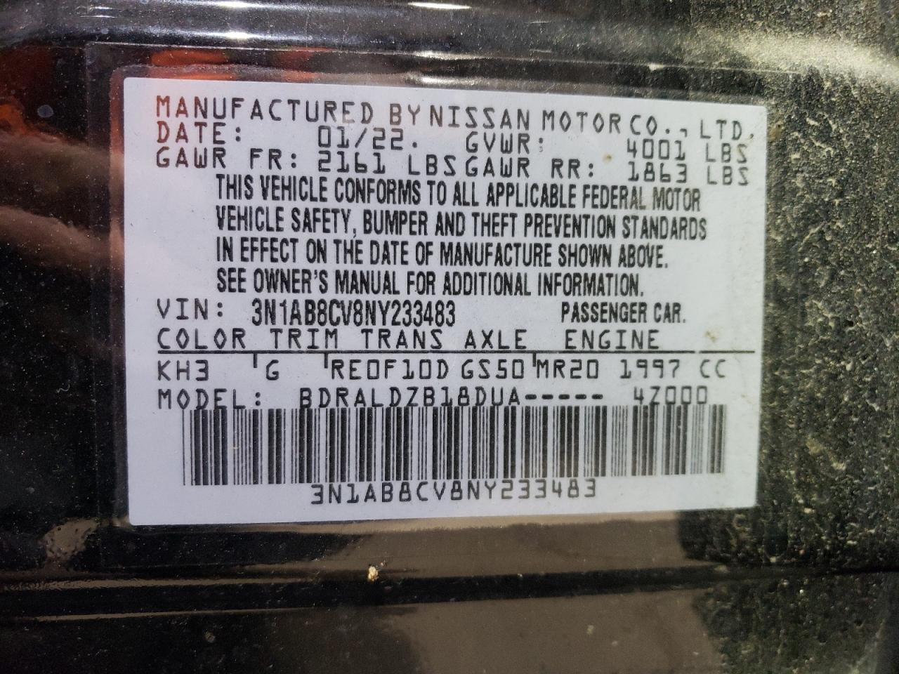 3N1AB8CV8NY233483 2022 Nissan Sentra Sv