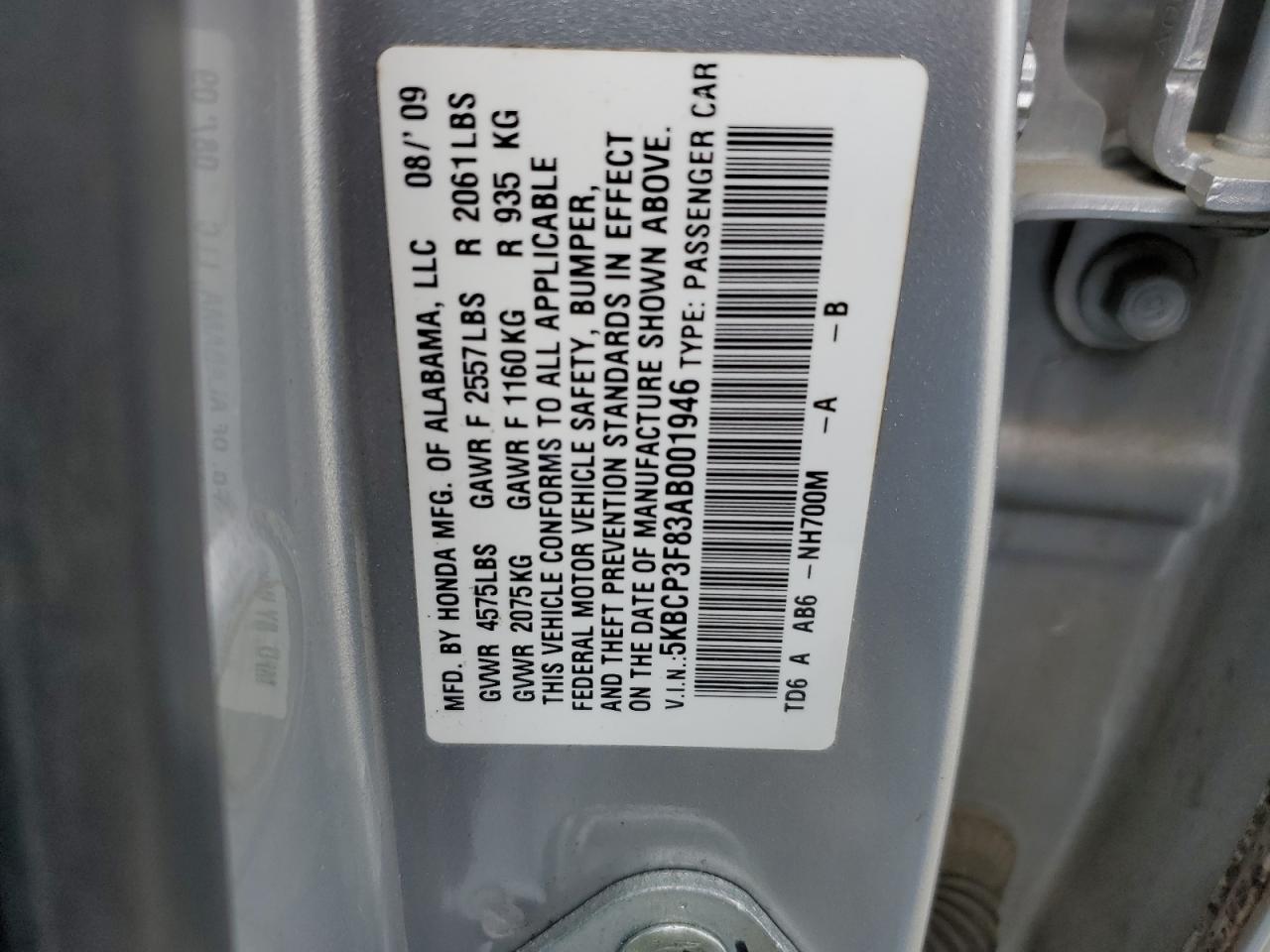 5KBCP3F83AB001946 2010 Honda Accord Exl
