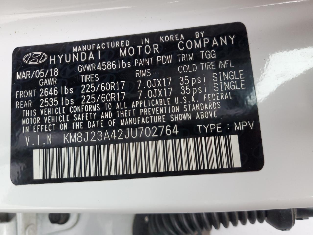 KM8J23A42JU702764 2018 Hyundai Tucson Se