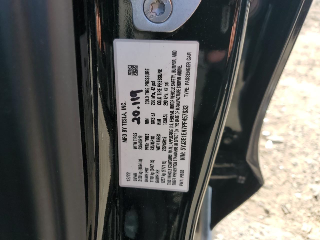 5YJ3E1EA7PF457633 2023 Tesla Model 3