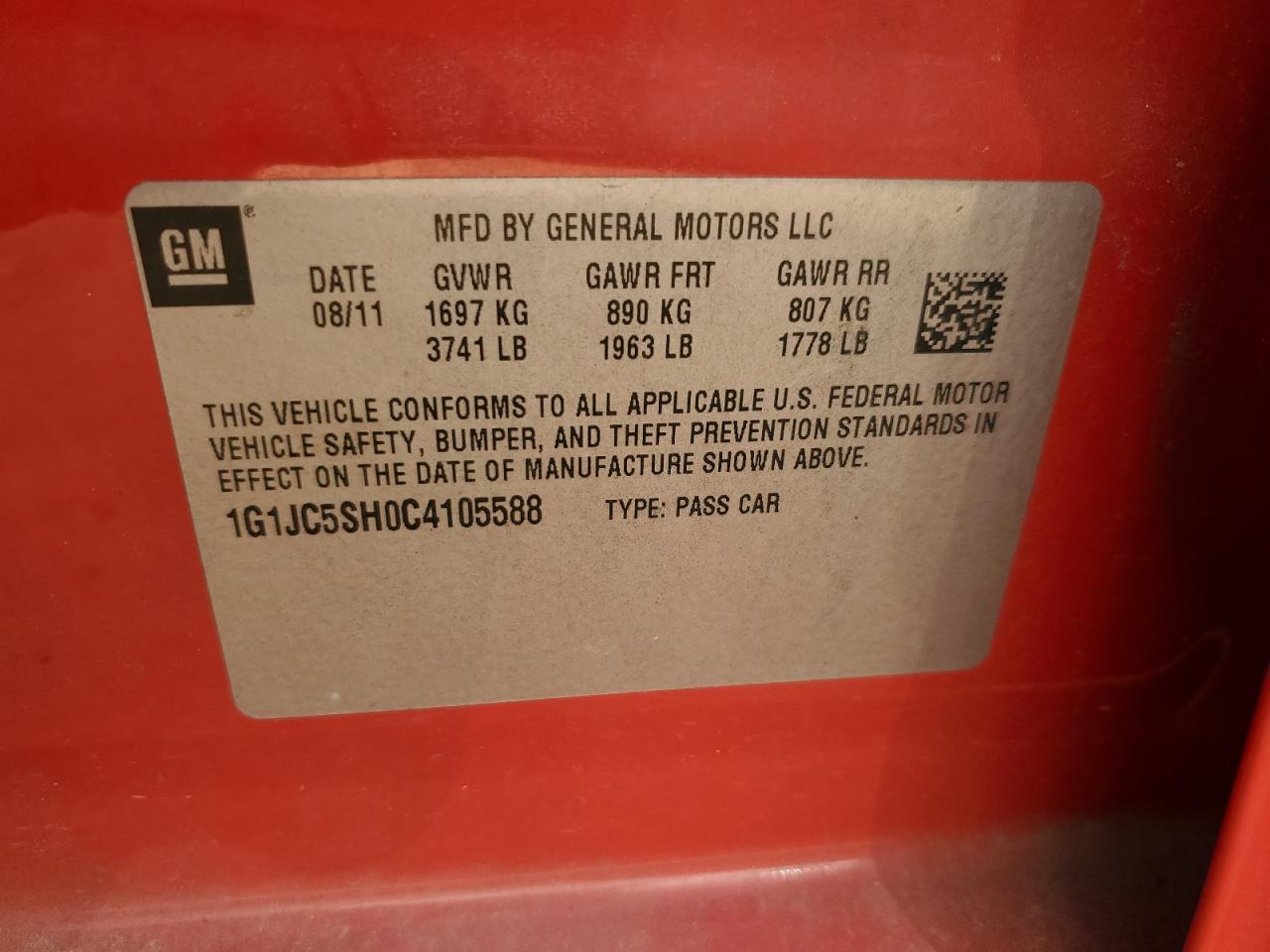 1G1JC5SH0C4105588 2012 Chevrolet Sonic Lt