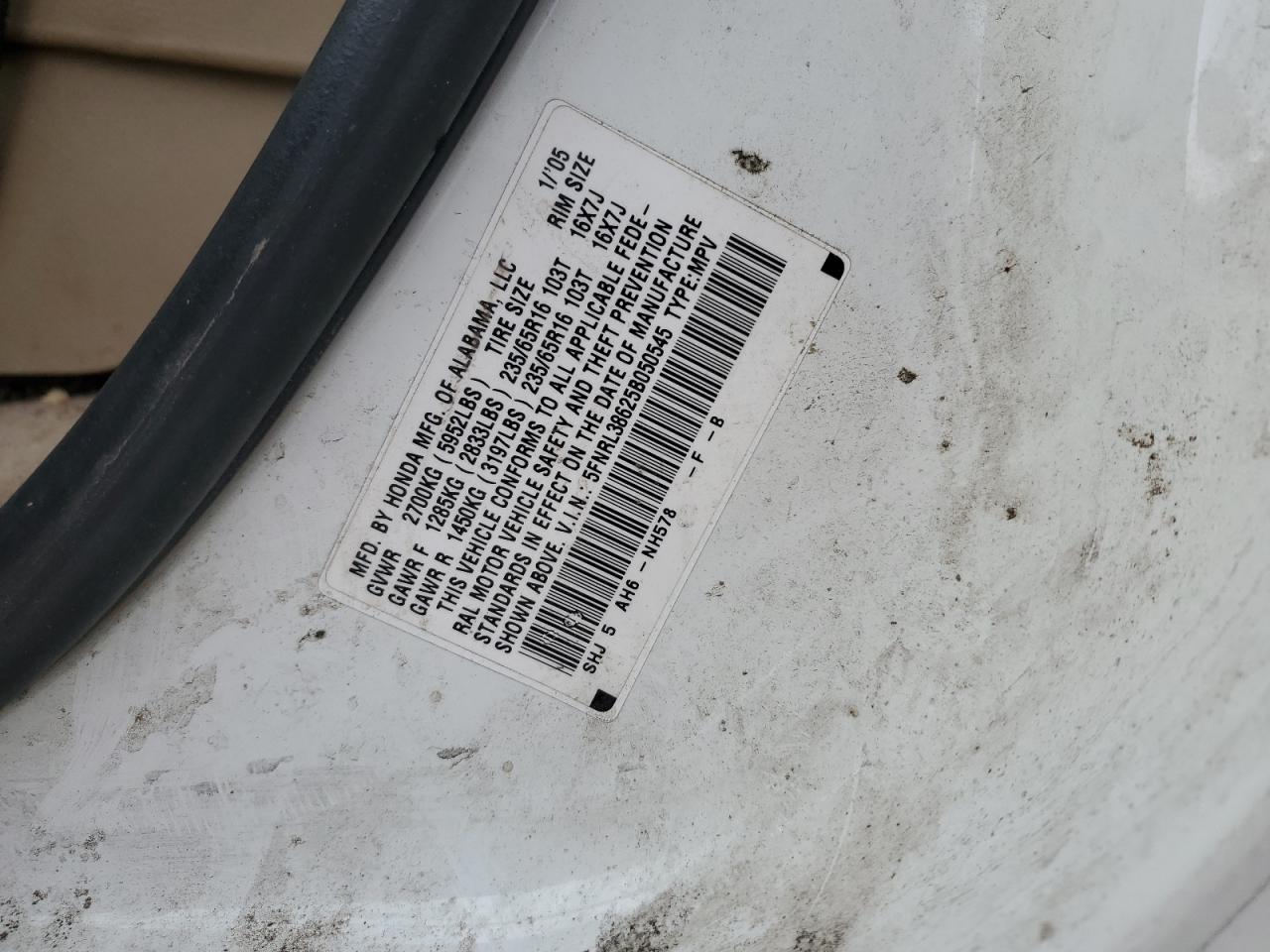 5FNRL38625B050545 2005 Honda Odyssey Exl