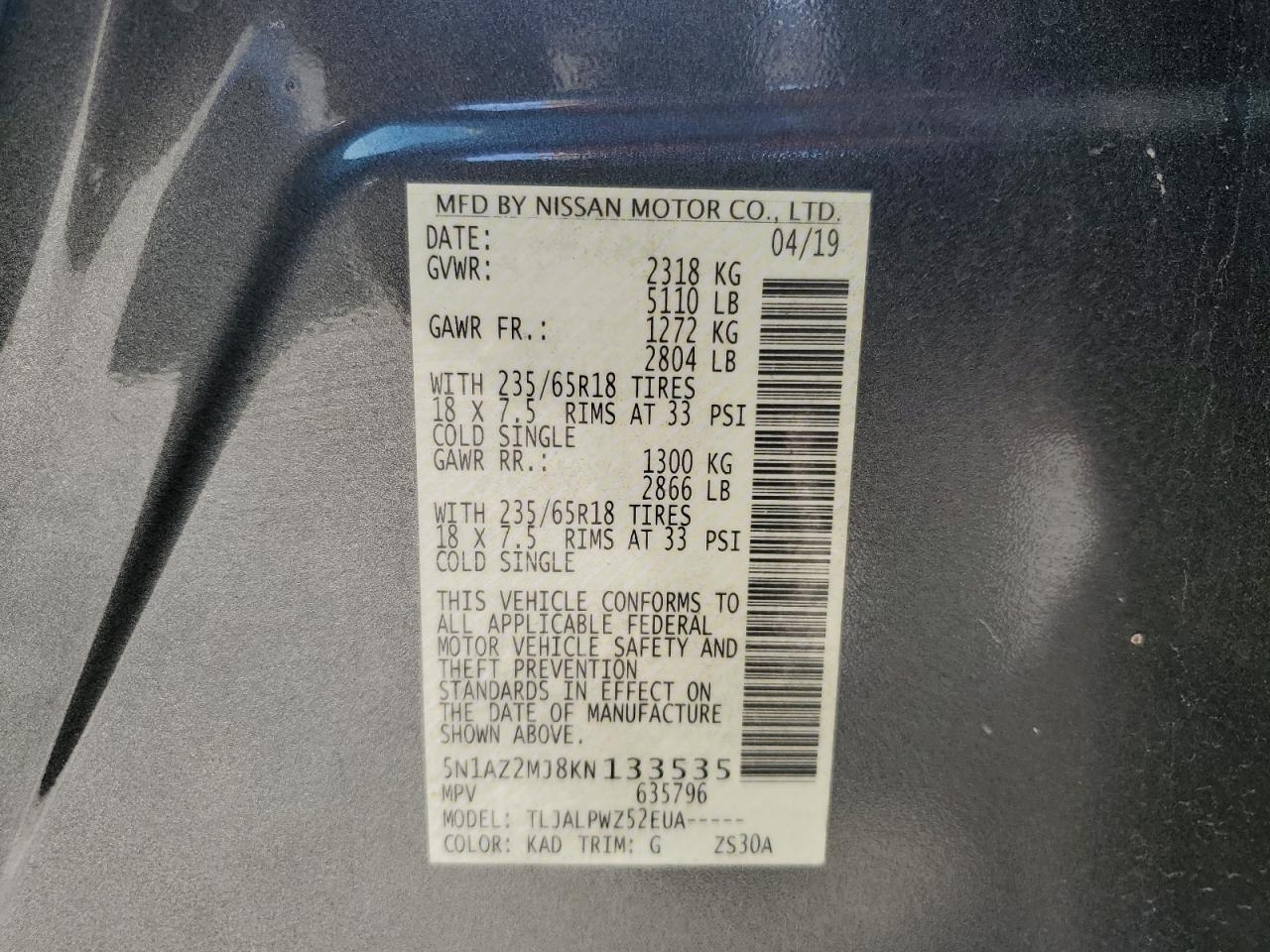 5N1AZ2MJ8KN133535 NISSAN MURANO 2019
